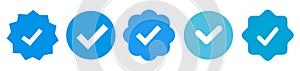 Instagram, Facebook, Twitter, Tiktok, Telegram set verified profile badges. Blue check mark verified account icons. Account