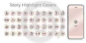 Instagram Highlights Stories Covers line Icons. Perfect for bloggers. Set of 40 highlights covers. Fully editable vector file