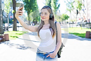 Instagram influencer gadget device student denim clothes concept. Photo portrait of pretty attractive gorgeous nice confident lady photo
