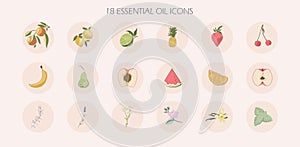 Instagram social media highlight cover icons web buttons. circle round infographic with essential oil aromatherapy flavors, fruits