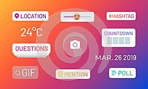 Instagram stories polls. Social media icons and functional stickers, hashtag location mention poll slider. Vector
