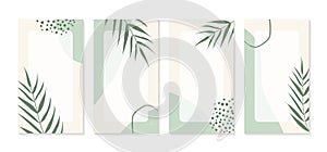 Instagram stories templates with organic shapes, palm leaves. Green neutral abstract hand drawn minimal backgrounds