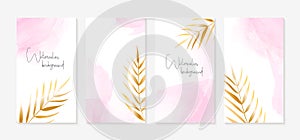 Instagram stories templates. Vector set of vertical abstract backgrounds with golden leaves and pink watercolor spots