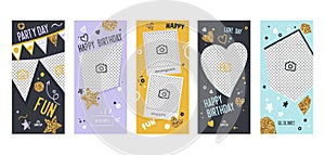 Instagram Story Happy Birthday Banner Mobile App Page Onboard Screen Set. Fun Glitter Heart Star Design. Social Media