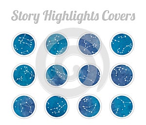 Set of Story Highlights Covers Icons. Zodiac constellations on colorful watercolor background. Blue and purple bright colors. Bund