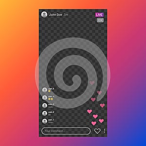 Instagram stream interface. Social media live streaming service, mobile app frame UI, live video. Vector stories UI