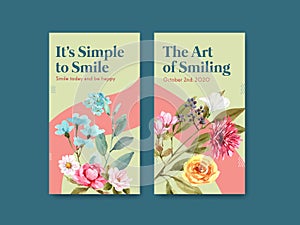Instagram template with flowers bouquet design for world smile day concept to social media and community watercolor vector photo