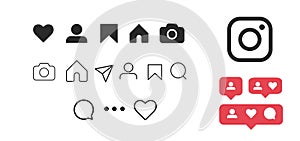 Instagram Vector pictogram Set of social media icons pics like, follower, comment, home, camera, user, search,New user, followers