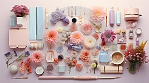 An Instagram-worthy flat lay of pastel-colored objects creating a gentle and dreamy gradient of colors, representing the soft and