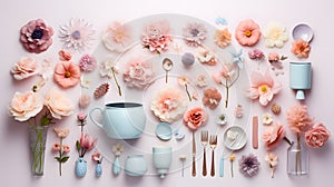 An Instagram-worthy flat lay of pastel-colored objects creating a gentle and dreamy gradient of colors, representing the soft and