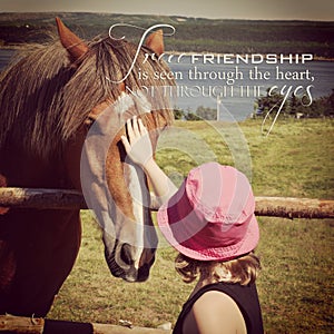 Instagram of young girl petting horse with inspirational quote