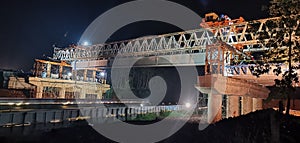 Installation of bridge girders at night