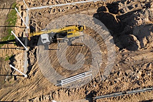 The installation of the building frame at a construction site top view