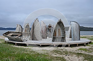 An installation with fishing boats in Teriberka, Russia