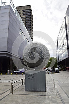 Installation of a metal ball on the Puerto Madero district of Buenos Aires