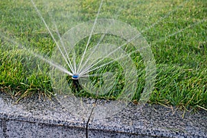 Installation modern garden irrigation system watering lawn.