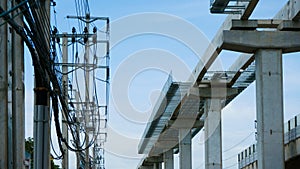 Installation of monorail train on its track elevated over road rapid railway transit system currently under construction