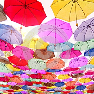 installation of multi-colored umbrellas. Brightness and color. Bright life.