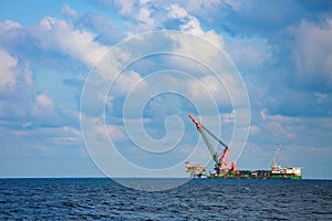 The installation oil and gas platform project in the gulf or the sea by crane barge. The project was support oil and gas industry.
