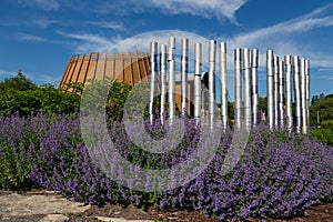 Installation in purple flower border with First Nations Huron-Wendat museum-hotel complex