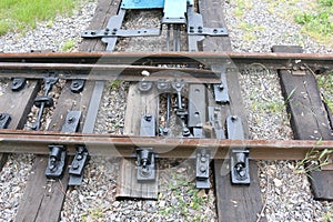 Installation of rail fastening. Railway turnout mechanism. Filming of the Soviet-era children`s railway in the