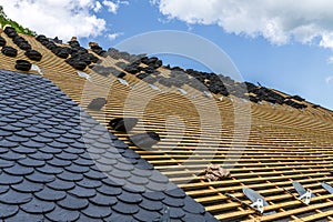Installation of slate roofing Tiles on a roof