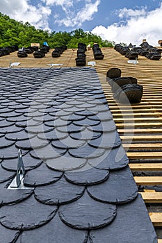 Installation of slate roofing Tiles on a roof