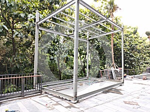 installation of steel structure frame for outside area in a project.