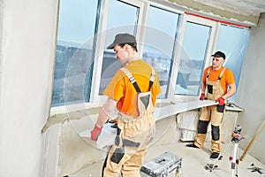 Installation windowsill from quartz agglomerate artificial stone photo