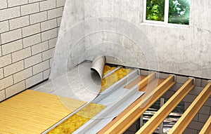 Installation of wooden floors between floors: detailed construction technology. 3d photo