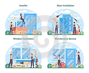 Installer concept set. Worker in uniform installing window and door.