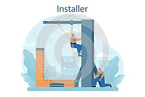 Installer concept. Worker in uniform installing constructions. Professional