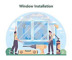 Installer concept. Worker in uniform installing window and door.