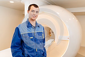 installer engineer of mri apparatus near the scanner