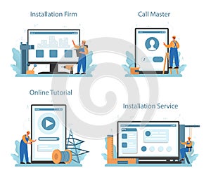 Installer online service or platform. Worker in uniform installing constructions