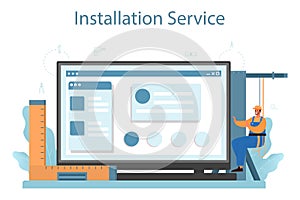 Installer online service or platform. Worker in uniform installing constructions