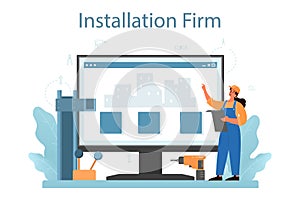 Installer online service or platform. Worker in uniform installing constructions