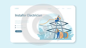 Installer web banner or landing page. Worker in uniform installing constructions