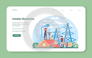 Installer web banner or landing page. Worker in uniform installing constructions