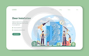 Installer web banner or landing page. Worker in uniform installing window