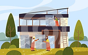 Installers or mounters install the windows, vector