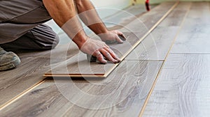 Installing laminated floor, detail on man hands holding wooden tile, over white foam base layer, small pile with more