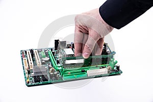 Installing a new RAM DDR memory for a personal computer processor socket in a service. Upgrade repair. PC upgrade or repair