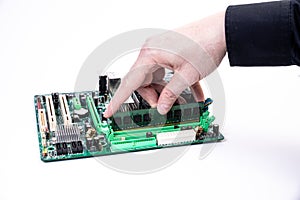 Installing a new RAM DDR memory for a personal computer processor socket in a service. Upgrade repair. PC upgrade or repair