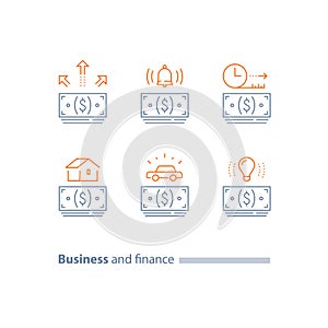 Installment concept, mortgage loan, car credit,money bundle, down payment, time period, outline icons