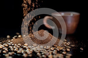 Instant coffee against the background of coffee beans