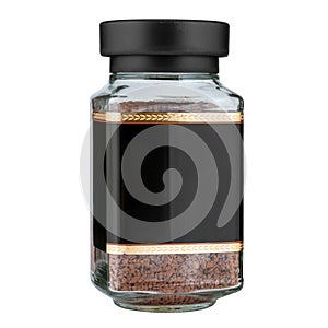 Instant coffee granules jar with dark label