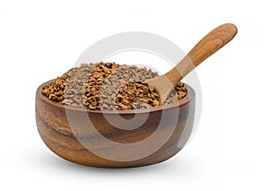 Instant coffee powder with wooden spoon and bowl isolated on white background