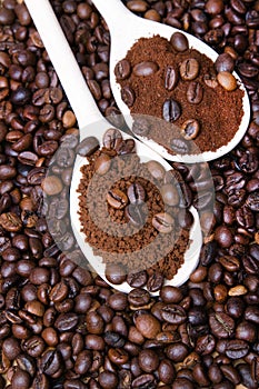 Instant coffee in spoon on coffee beans