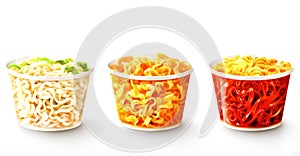 Instant cup noodles on white isolated background. Chinese and taiwan noodle. Japanese ramen fast food. Picture template